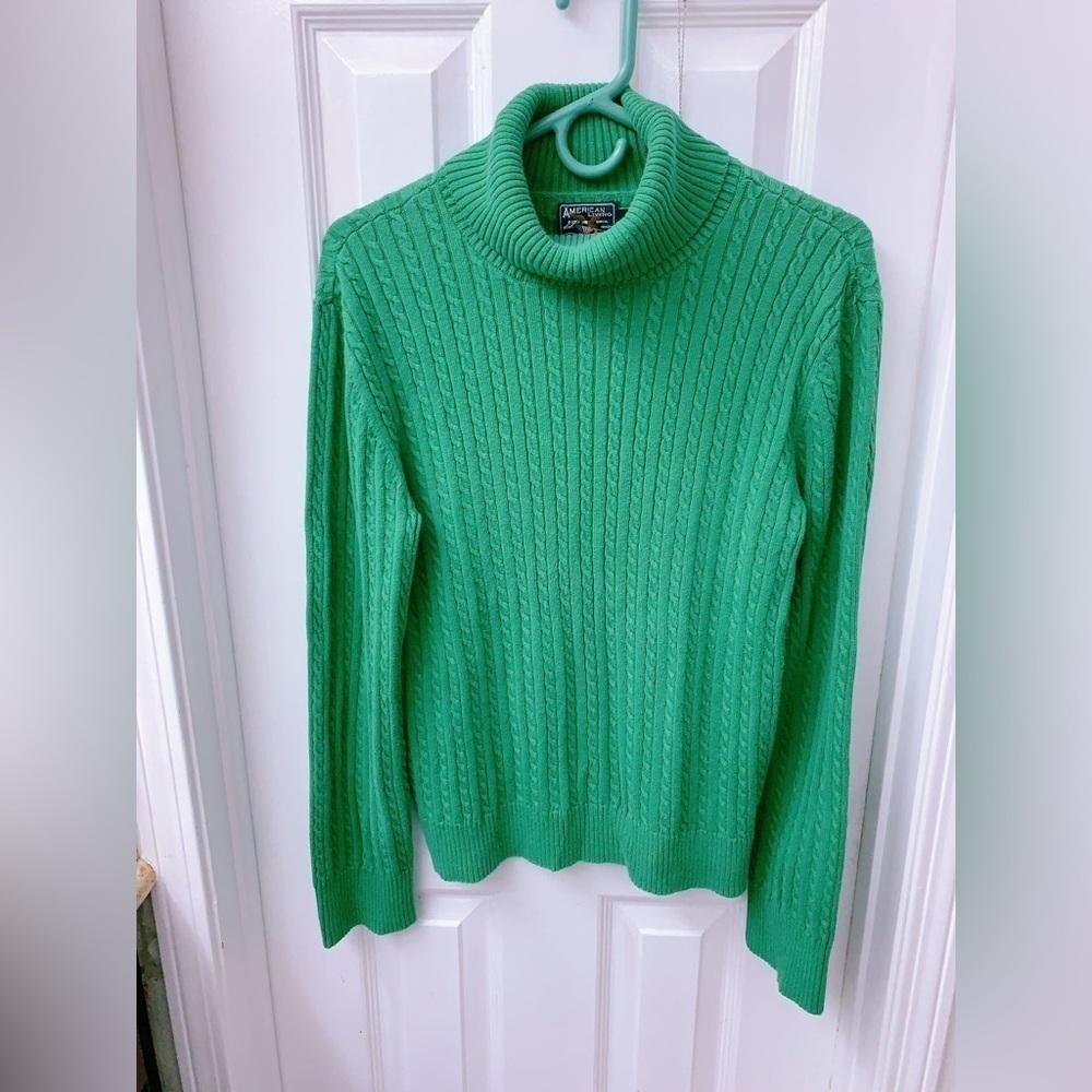 American Living Emerald‎ Green Cable Knit Turtle Neck Long Sleeve Top boho
